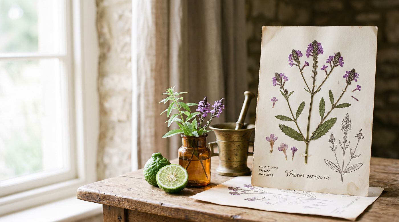 Verbene, Bergamotte und alte Apothekengefäße auf Herbarienpapier