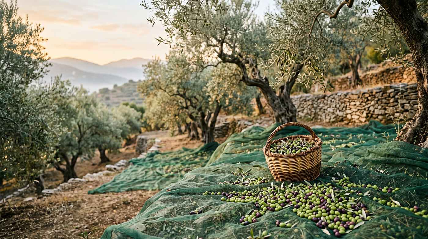 Griechischer Olivenhain bei der Olivenernte