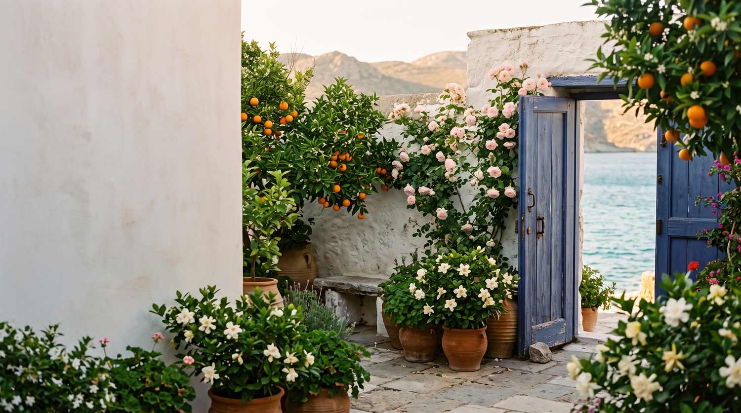 Mediterraner Garten mit Orangenbäumen, Rosen und Gardenien am Meer