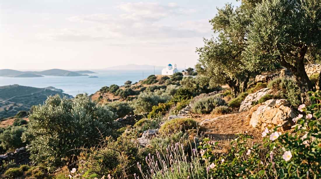 Griechischer Hang mit Olivenbäumen über dem Meer
